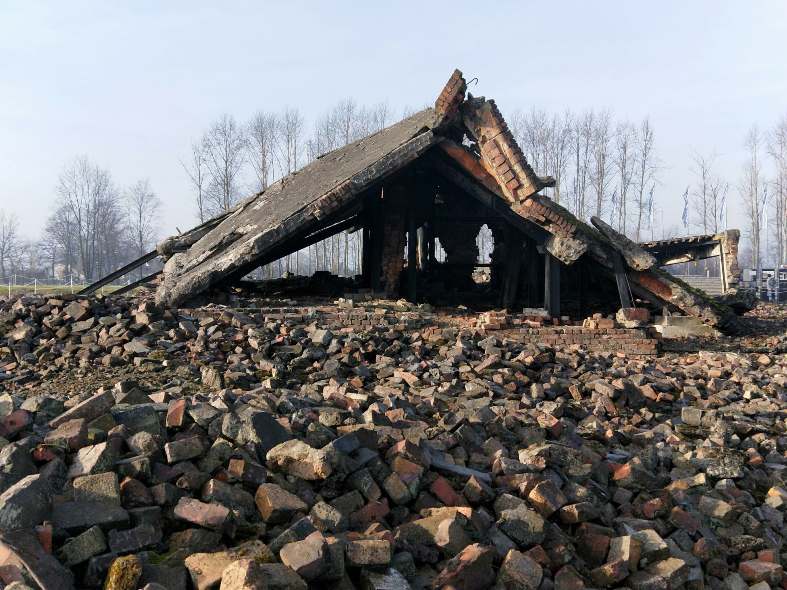 The remains of the gas chamber at Auschwitz Poland