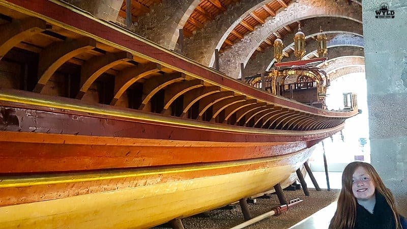 a big wooden ship in the Barcelona maritine museum