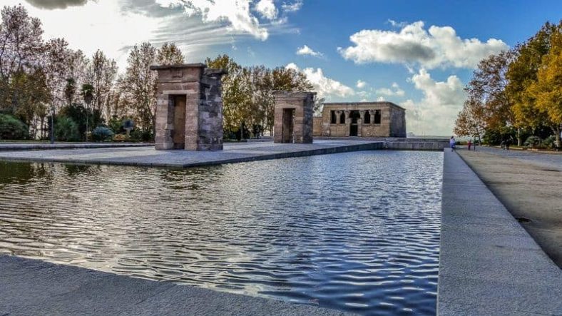 Egyptian Temple in Madrid surrounded by water in a park