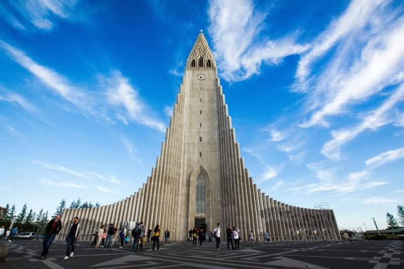 The amazing Church in Reykjavik rising towards the perfect blue sky.