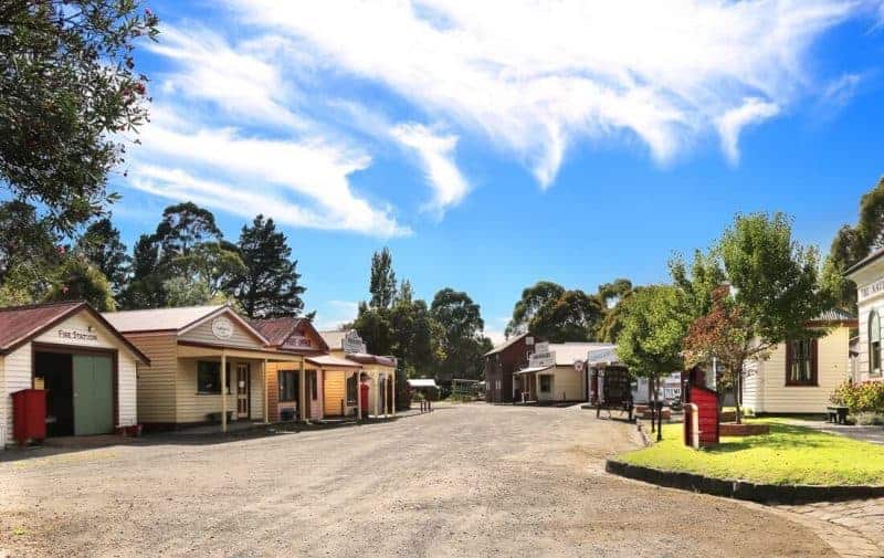 The main reconstructed street of Old Gippstown in Moe Australia. It features building from the Gippsland area. Image courtesy of the Old Gippstown website