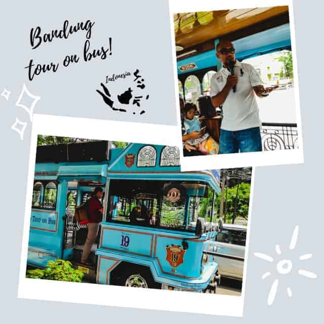 A bright collage of pictures from the Bandung Bus tour. ON eis of the guide talking and the other is of the bright blue bus with a man boarding it. The border is a gray color with a small map of Indonesia on it and a sun
