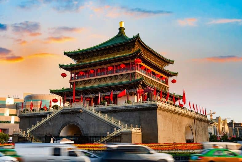 Traffic moving past the UNESCO site Bell Tower in Xian