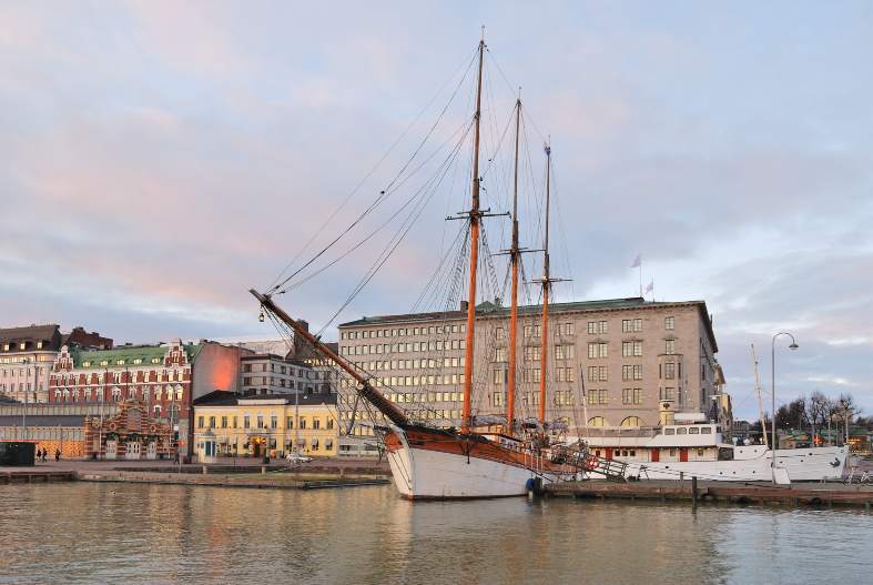 An old world tall ship docked at South harbour in helsinki