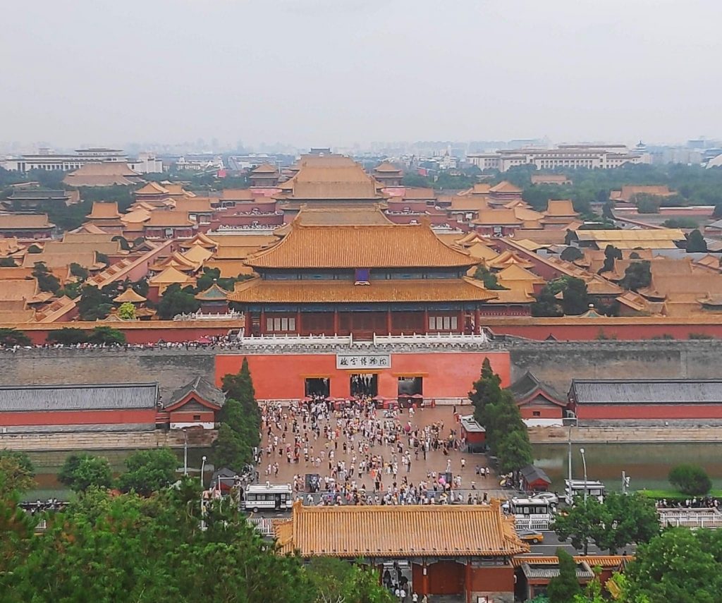 Jingshan Park in Beijing, offering a panoramic view of the city and its historical landmarks, including the Forbidden City