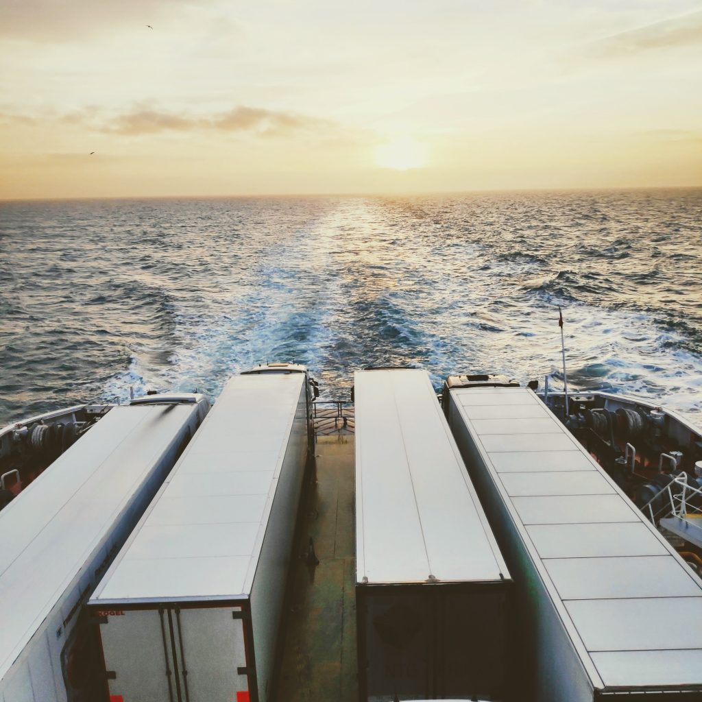 Trucks on the deck of the DFDS Ferry service between England and France
