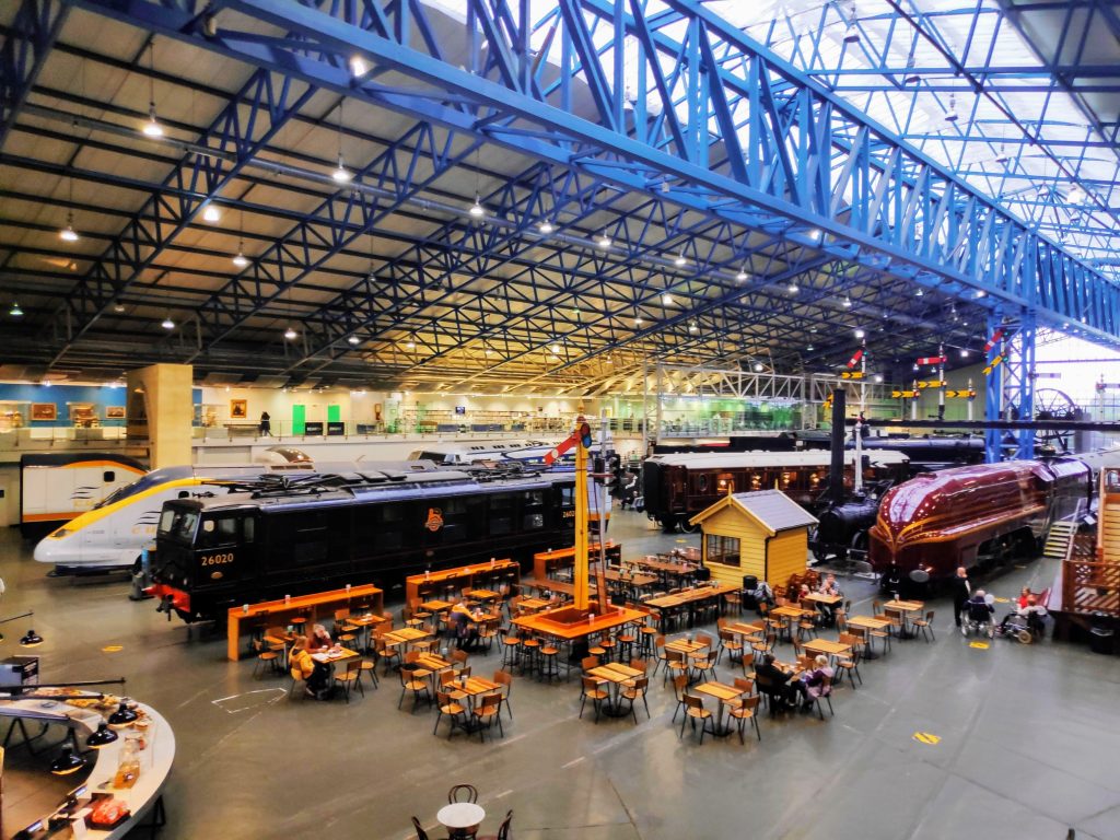 trains and cafe inside the National Rail Museum at York