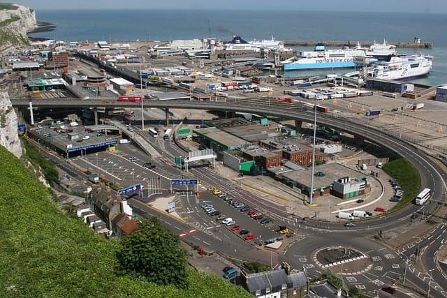 The Port of Dover in England with ships, cars and trucks waiting to board the DFDS ferry service