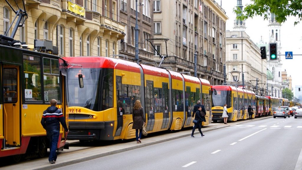 trams on a street in Warsaw
