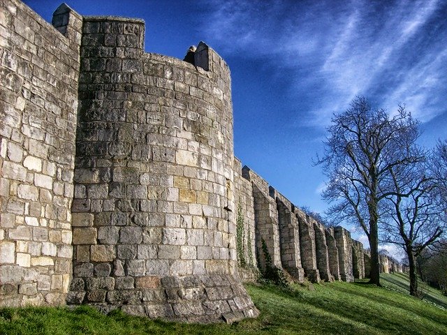 The massive medieval city walls that surround the city of York