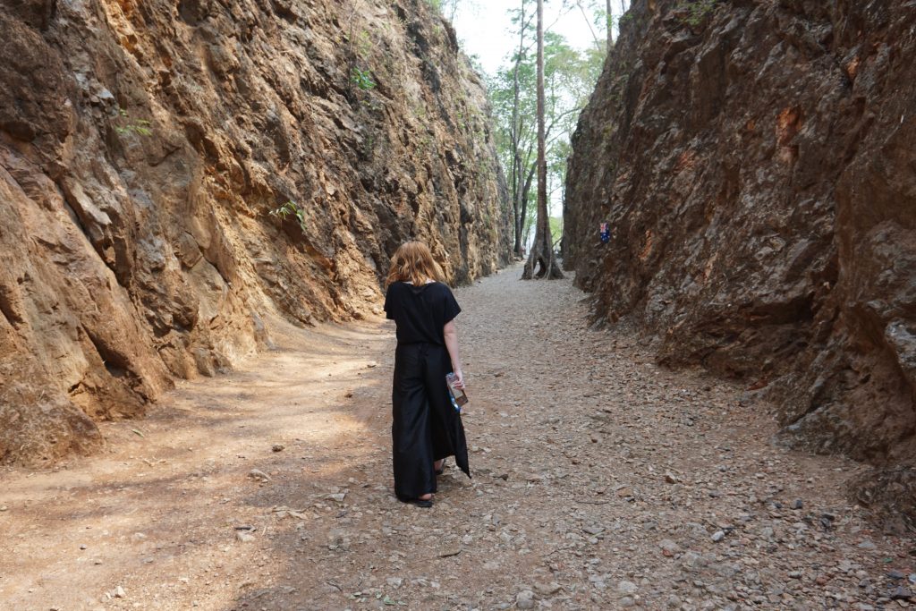 A teenager wearing all black walking through the cutting in the rock where the train line used to be. A tree has started to grow in the middle towards the other end. They have their head down and seem to be walking slowly