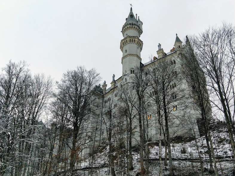 Bavarian castle in the woods in winter