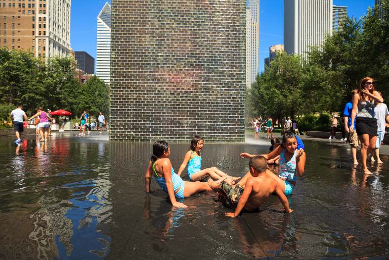kids playing in the water at Millennium Park in Chicago