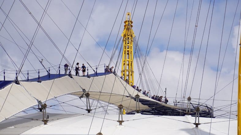 teenagers climbing on the roof at the 02 Arena