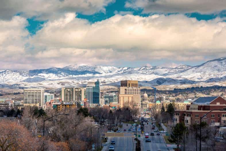 Aeriel view of the city of Bosie with snow surrounding it