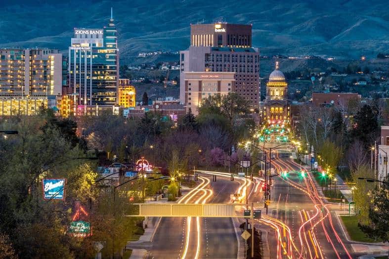 light trails from cars in Downtown Boise Idaho at dusk