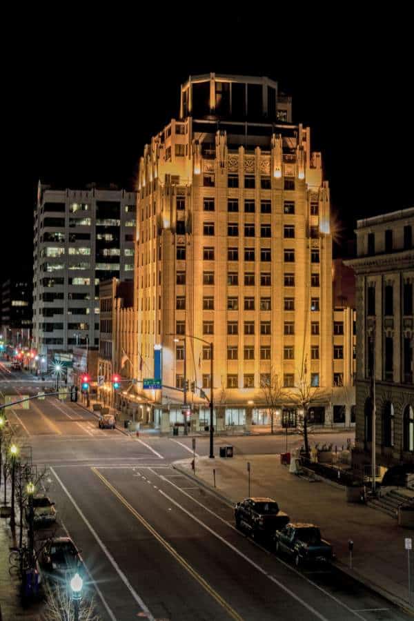 hotel at night in downtown Boise