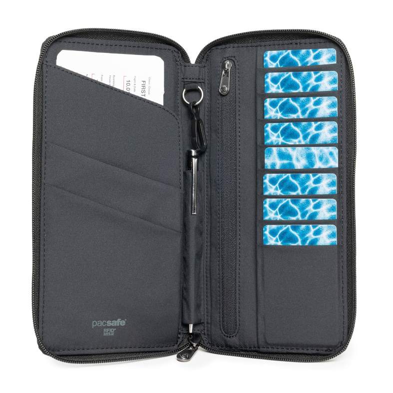 a travel wallet from Pacsafe with compartments for cards and passport