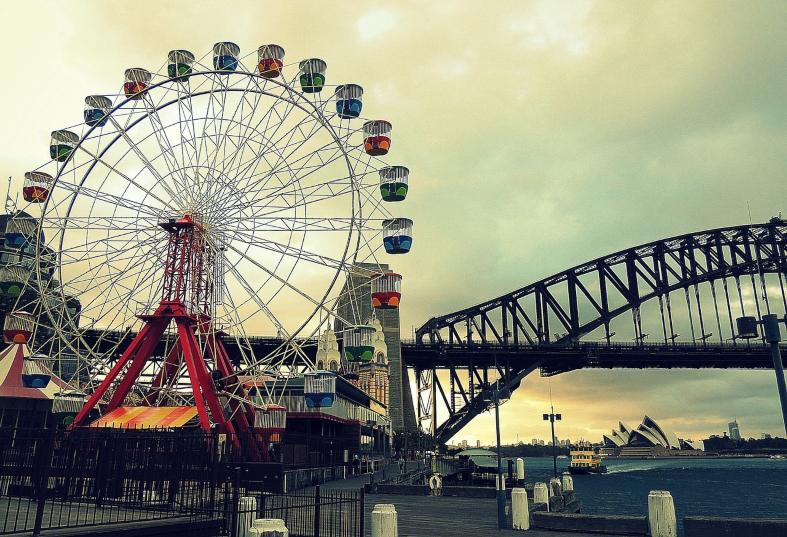 A ferris wheel on Sydney Harbour with the Sydney Harbour Bridge in the background