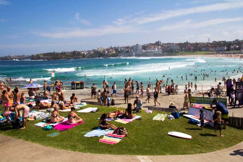 Crowds of people having fun at Bondi Beach