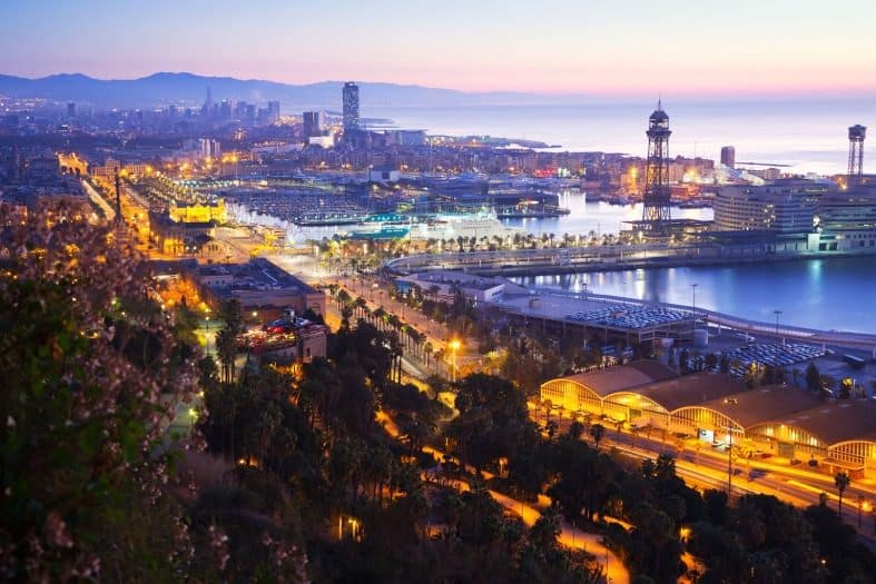 Elevated view of the city of Barcelona at night