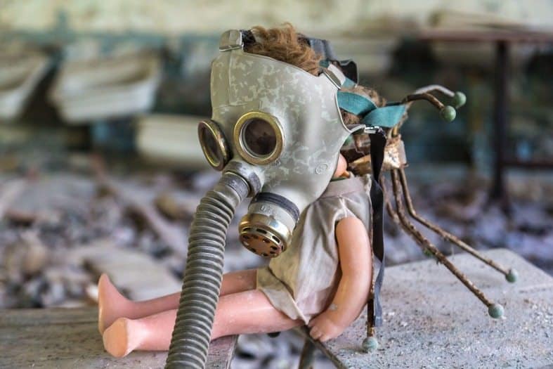 A baby doll at Chernobyl fitted with a gas mask