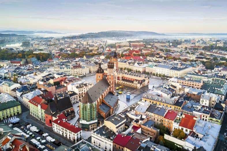 An awe-inspiring aerial view of Krakow Old Town, a must-visit destination on your Krakow itinerary