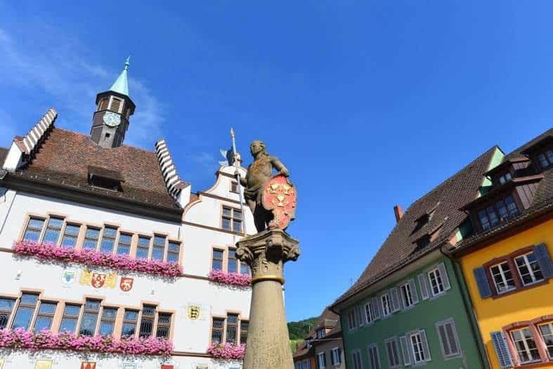 Staufen old town with colorful building and statue