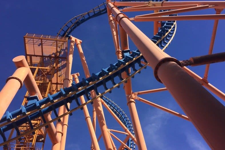 Big fast rollercaoster at parque Warner in Madrid