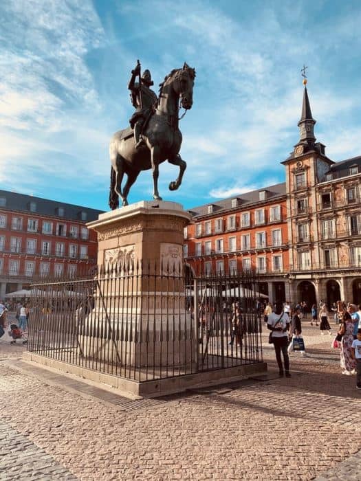 Statue of a man on a horse in Plaza Mayor Madrid