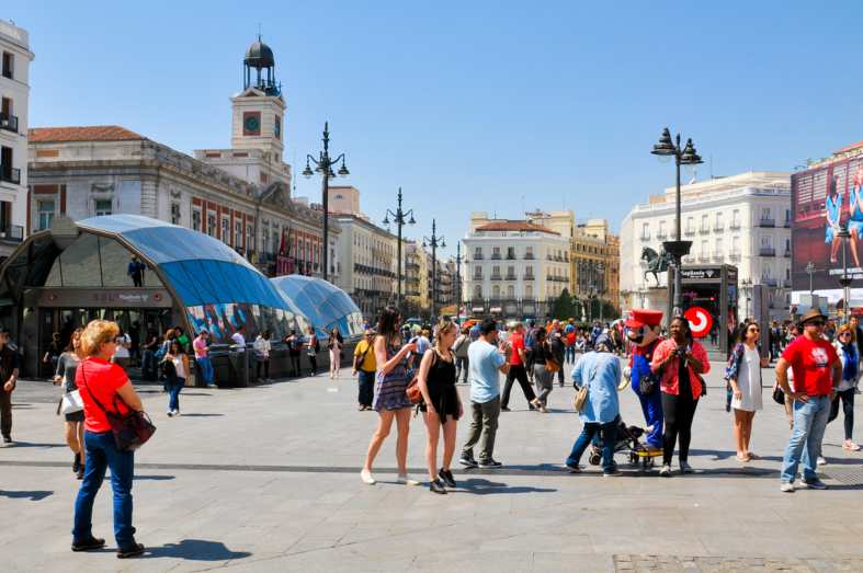 teens exploring Puerta de Sol in Madrid, Spain