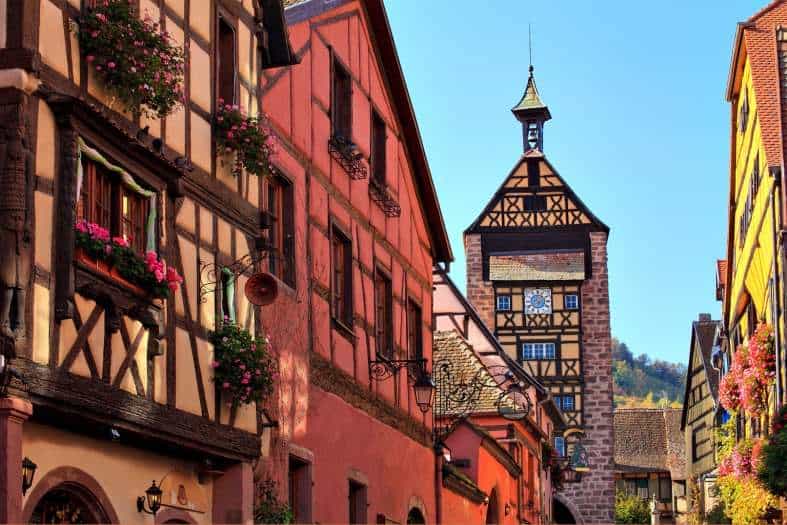 Colorful houses that line the streets of Riquewihr Alsace France