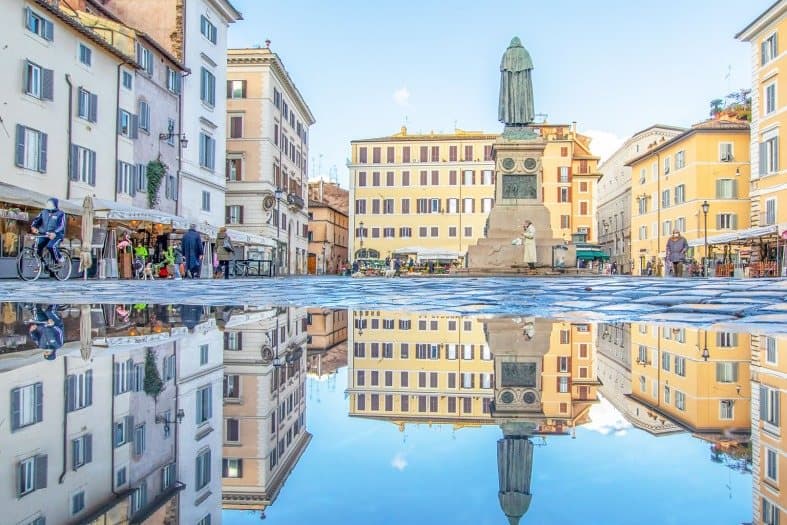 Campo de' Fiori in Rome with a stautue in the middle of the square