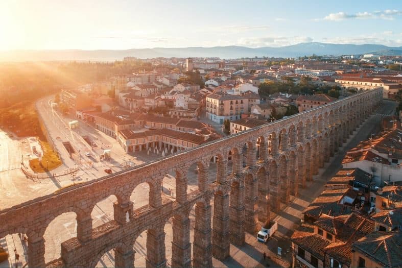 Segivia Spain at sunset with its Roman aquaduct