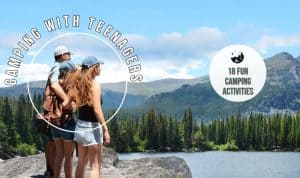 a family overlooking a lake on a camping trip
