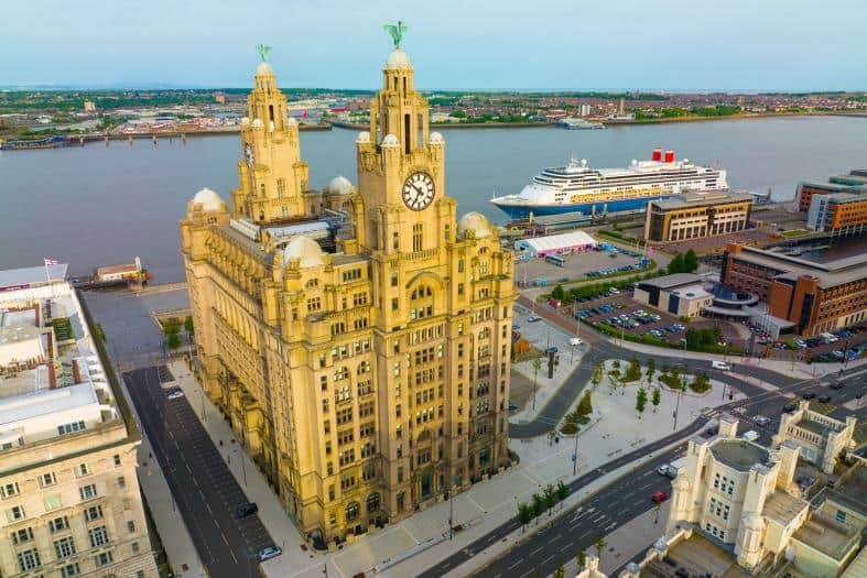 Royal Liver building in Liverpool from above