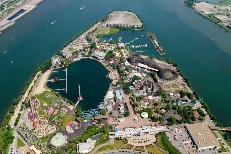 Colorful rides, roller coasters, and attractions filling the frame from a popular amusement park in Montreal, La Ronde