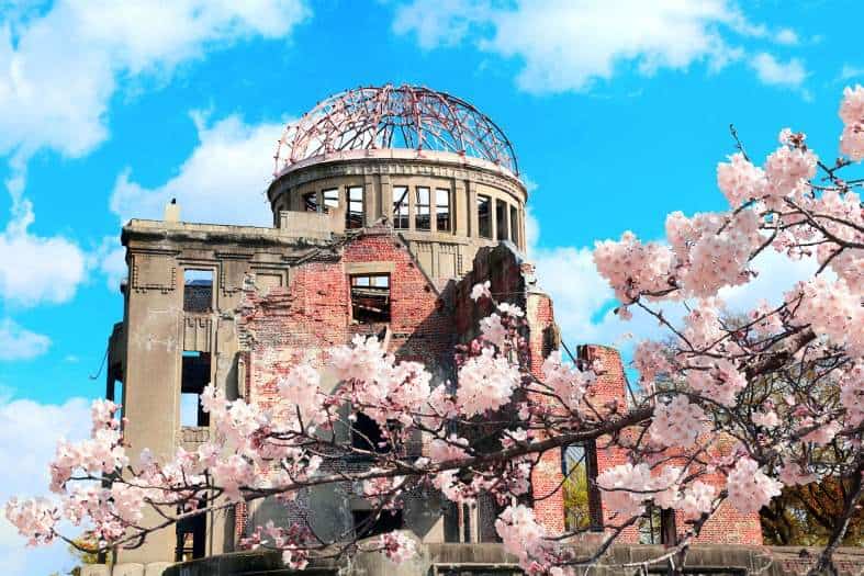 Bombed out building in Hiroshima with cherry blossoms