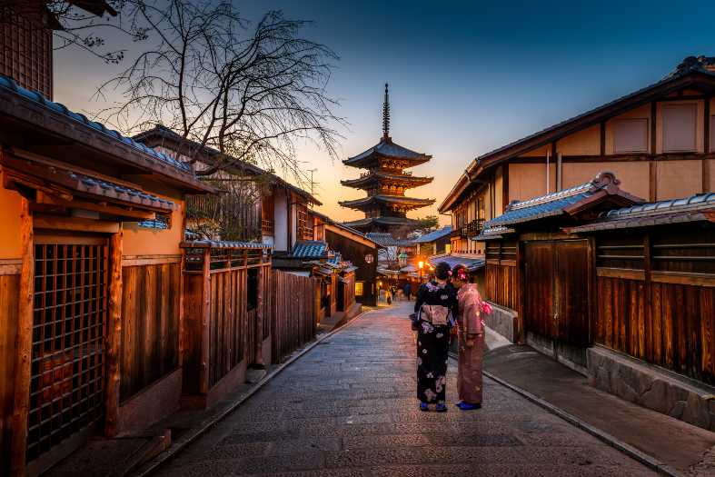 2 people in traditional dress in back street of Kyoto