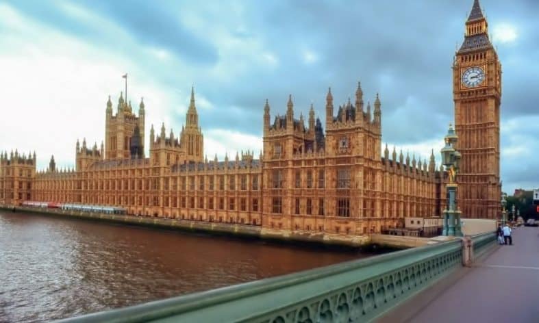 the view of the British Parliament Building from the middle of the bridge