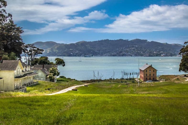 A picturesque view of Angel Island, surrounded by sparkling blue waters offering a peaceful retreat and stunning natural beauty in the heart of San Francisco Bay