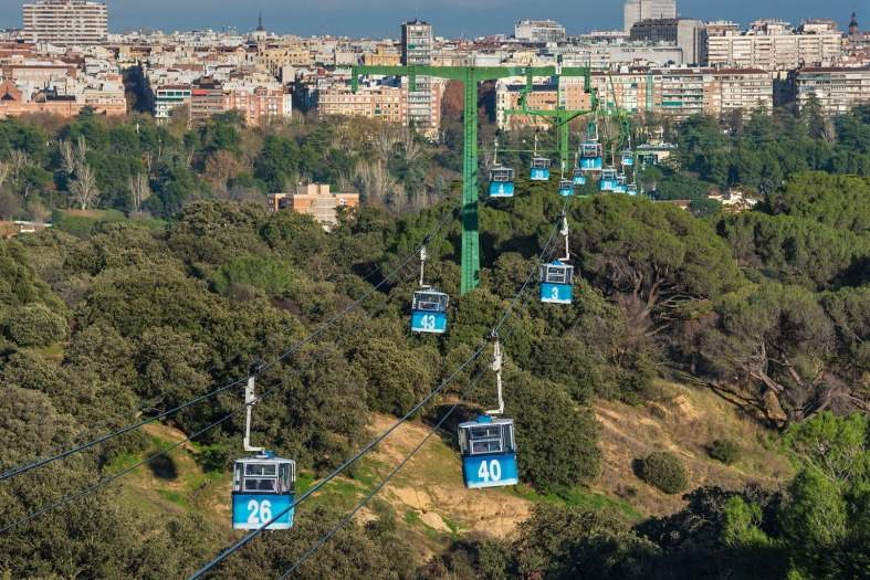 cable car in Madrid city centre at Casa de Campo wit the city in the back ground