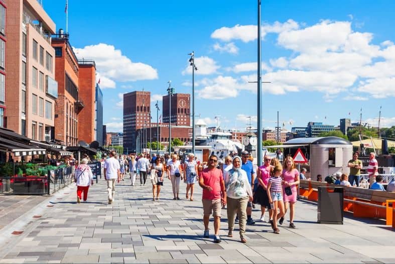 families, couples, singles out enjoying the sun on the Oslo promonade.