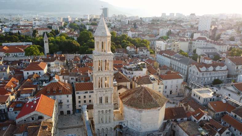 The famous bell Tower of Split, taken from above with a drone