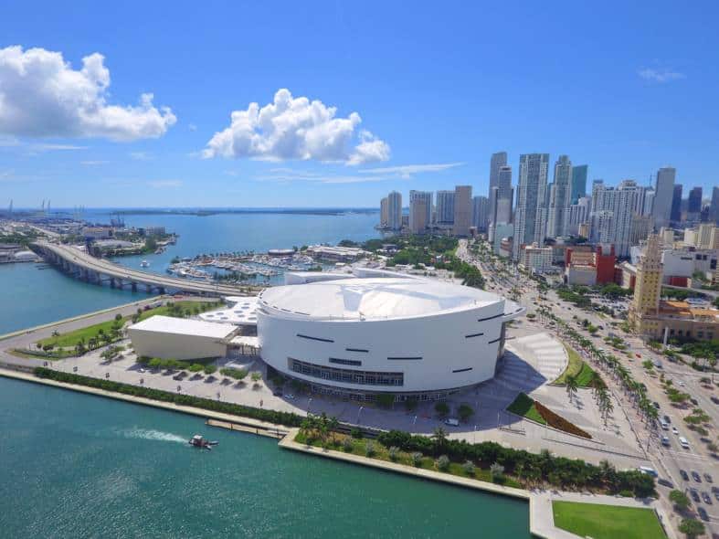 Vibrant lights illuminate the Miami American Airlines Arena