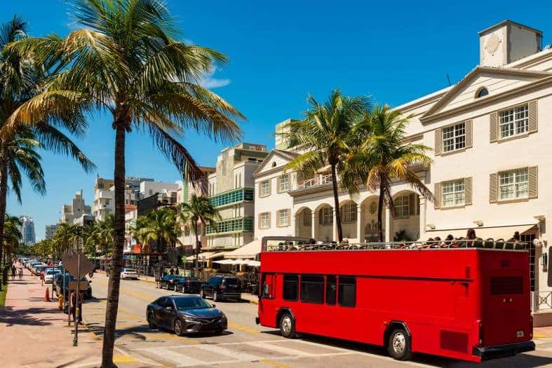 a hop on hop off tourist bus going around Miami