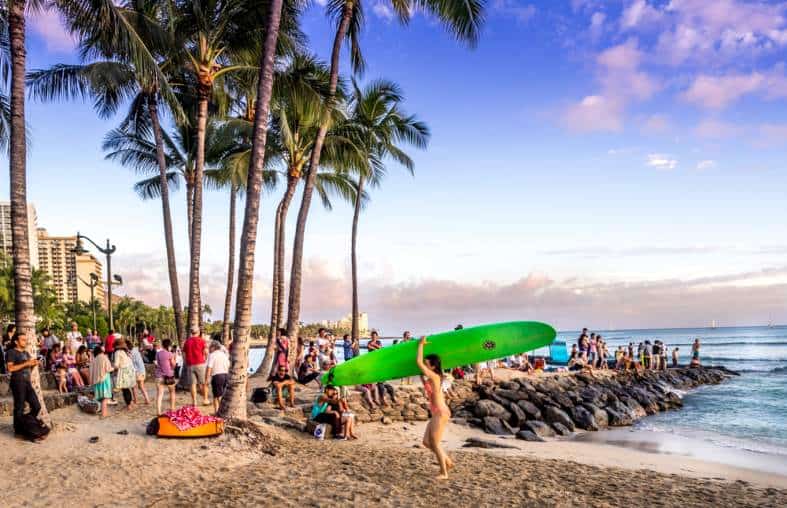 crowds of people at Wiakiki Beach in Honolulu