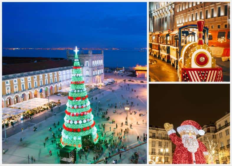 a collage of pictures from christmas time in Lisbon Portugal