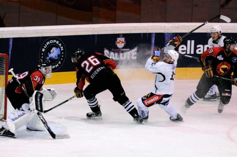 Ice hockey teens players in action on a frozen rink in Helsinki