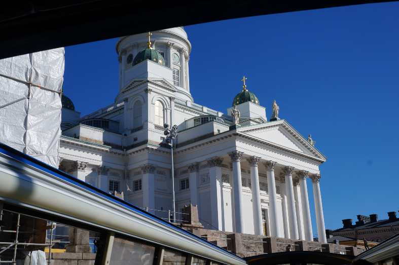 The view of Senate Square from the Hop on hop off bus as it passes by in Helsinki